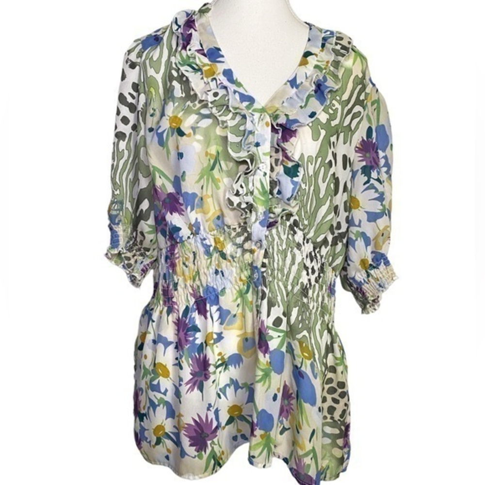 Unique Spectrum Floral and Animal Print Sheer Short Sleeve Shirt